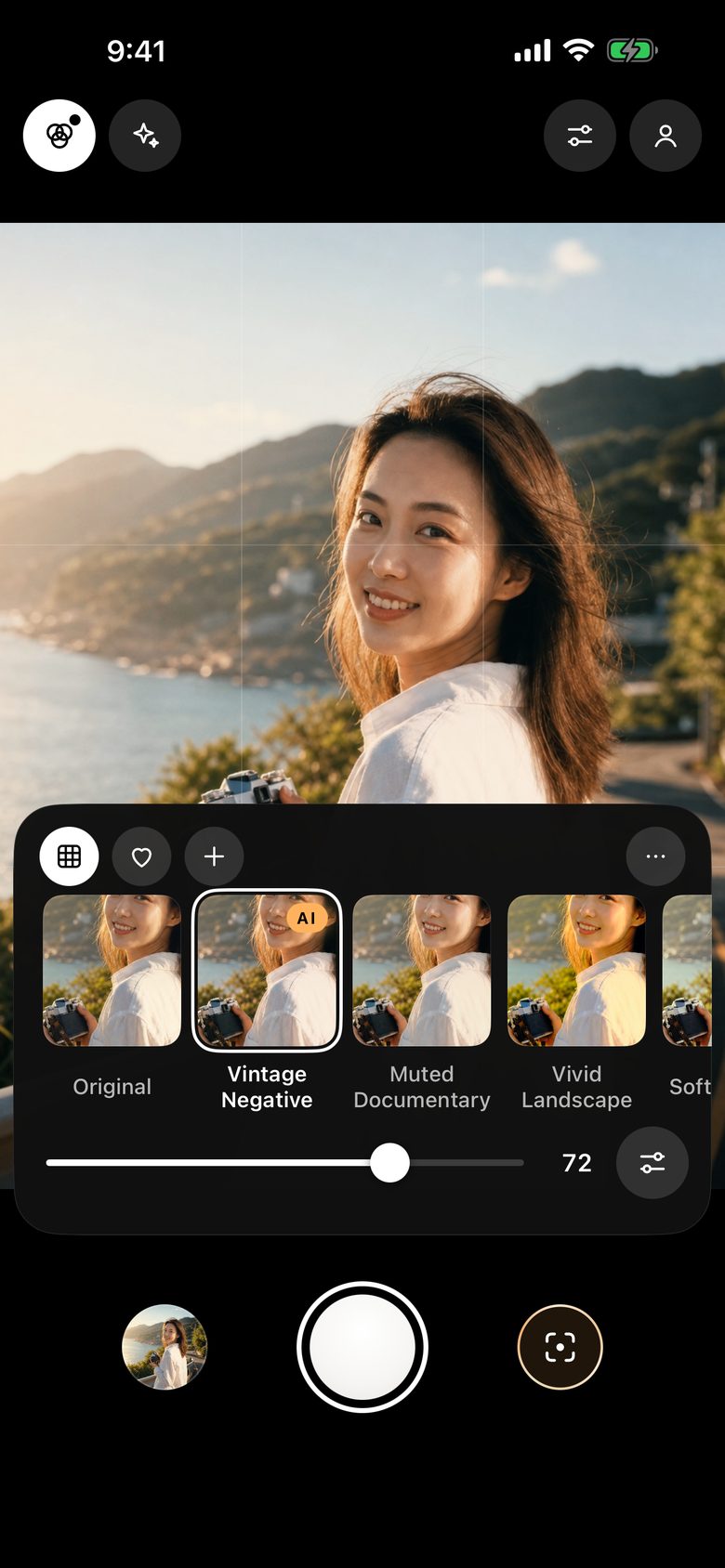 Film panel: the live view rendered through each film