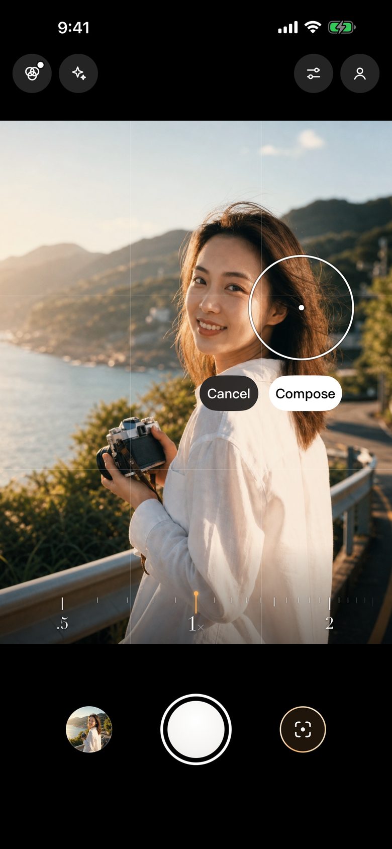 Choosing a subject: a ring around the subject with Cancel and Compose buttons